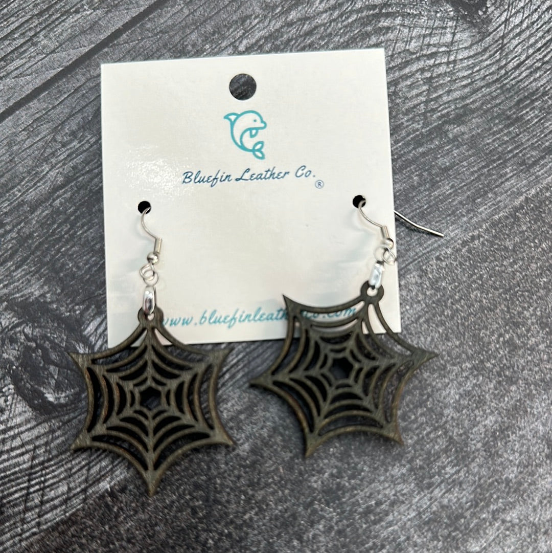 Halloween Wooden Spider Web Earrings-Grey