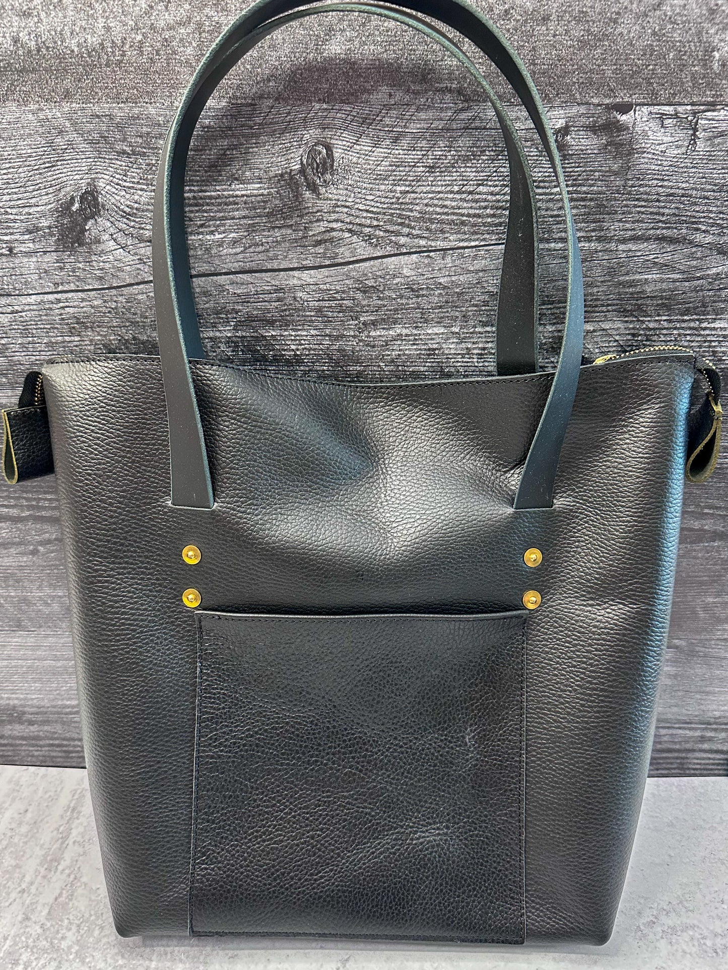 Leather Zipper Tote-Black