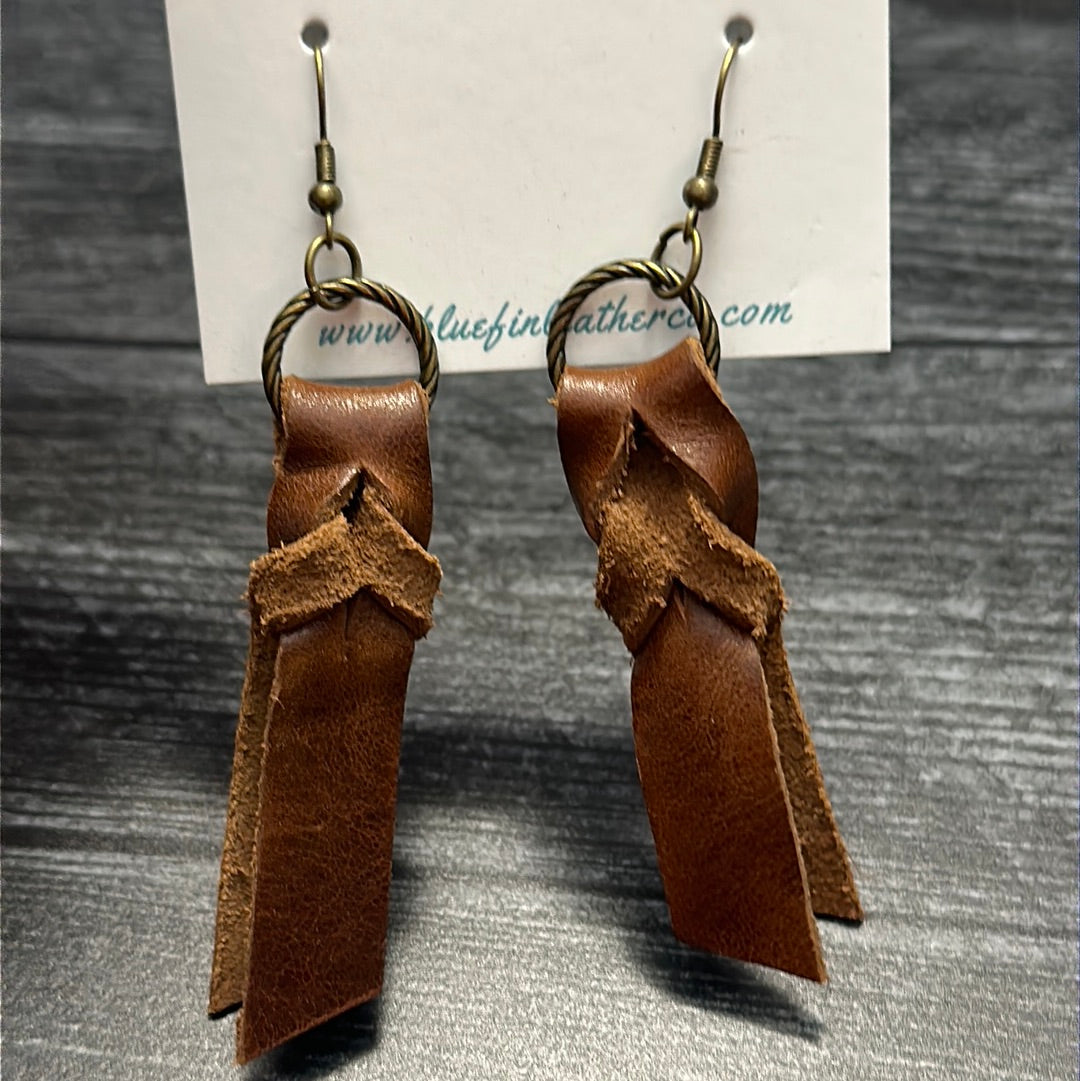 Braided Brown Leather Earrings