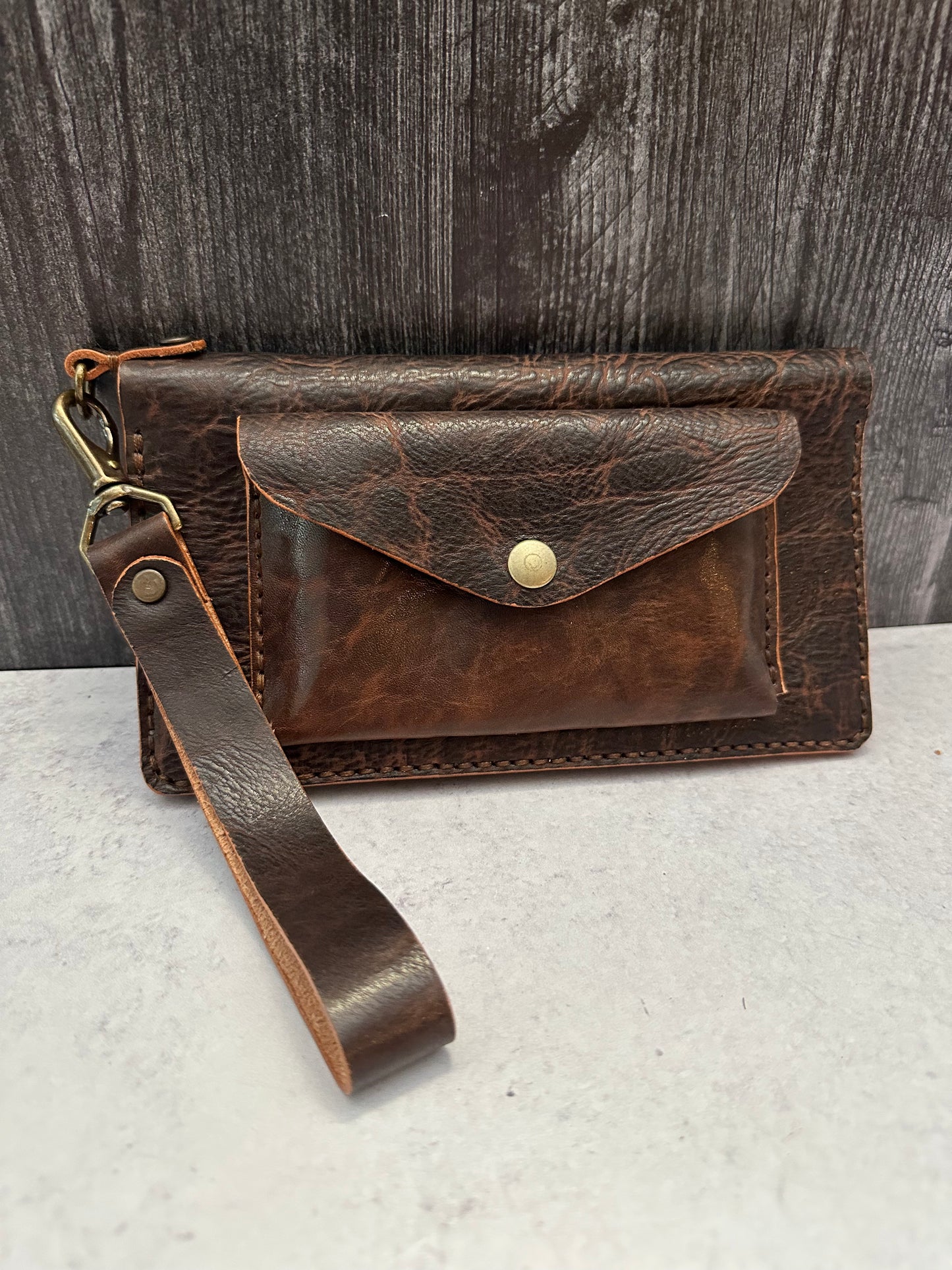 Brown Leather Wristlet with Zipper/Card Slots